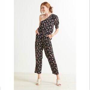 Roan + Ryan Isabella One-Shoulder Jumpsuit Romper Black Floral Pattern, Size Med